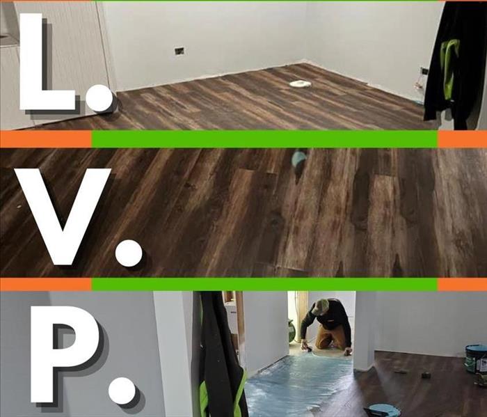 three pics of luxury vinyl plank flooring with an orange and green background 